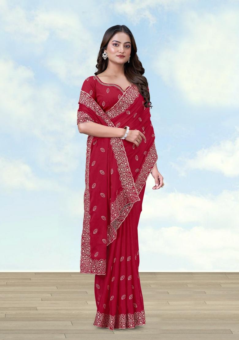 Pink Embroidered Georgette Saree Set - Indya