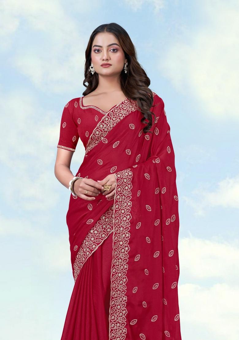 Pink Embroidered Georgette Saree Set - Indya