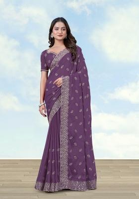 Lavender Embroidered Georgette Saree Set