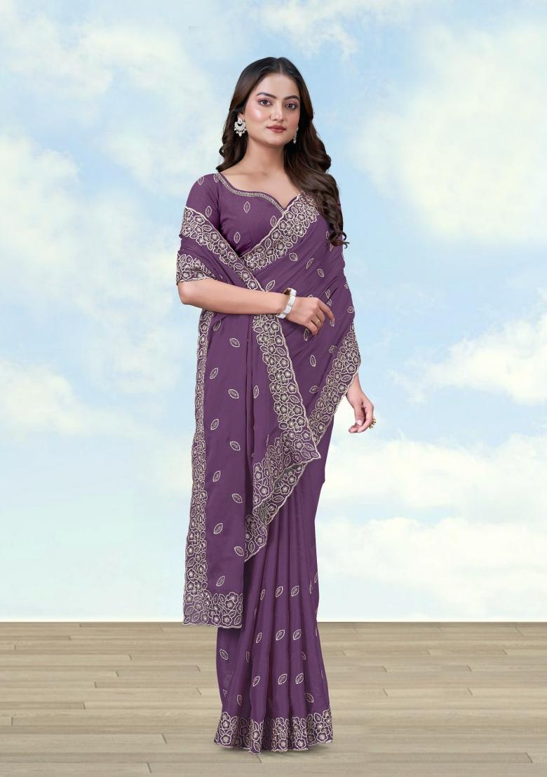 Lavender Embroidered Georgette Saree Set - Indya