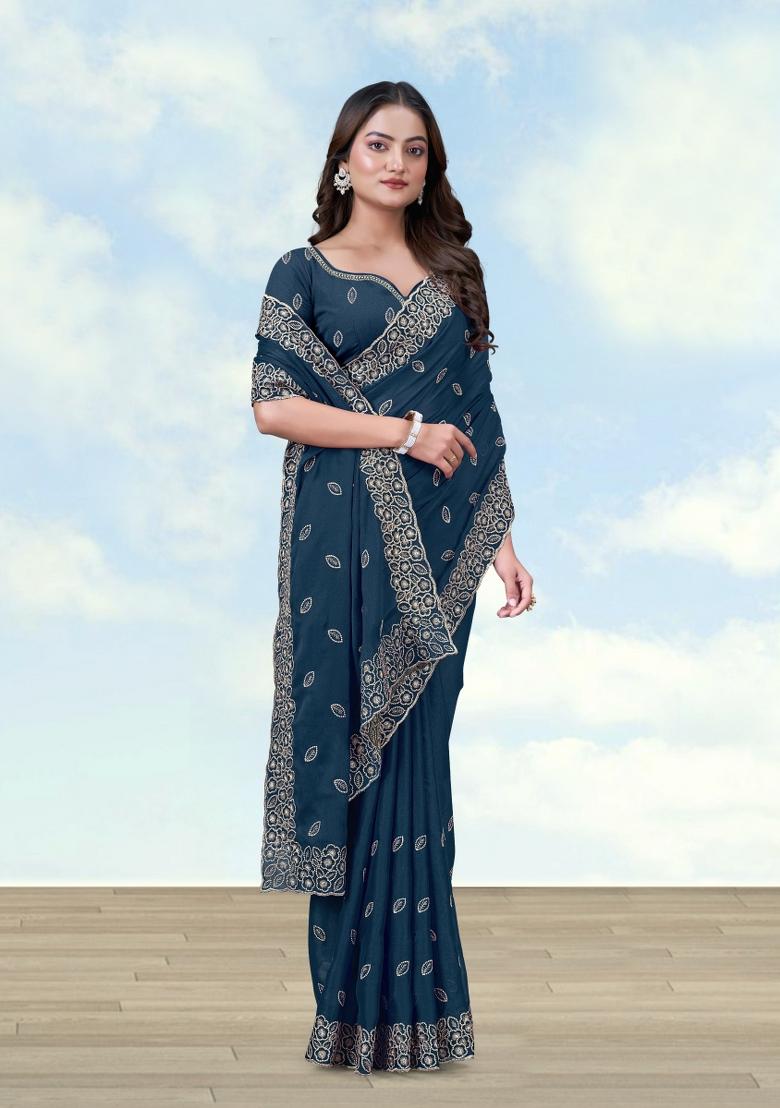Turquoise Embroidered Georgette Saree Set - Indya