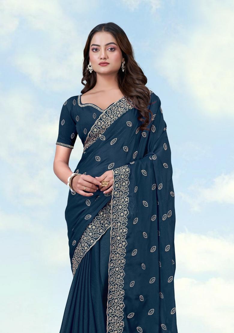 Turquoise Embroidered Georgette Saree Set - Indya