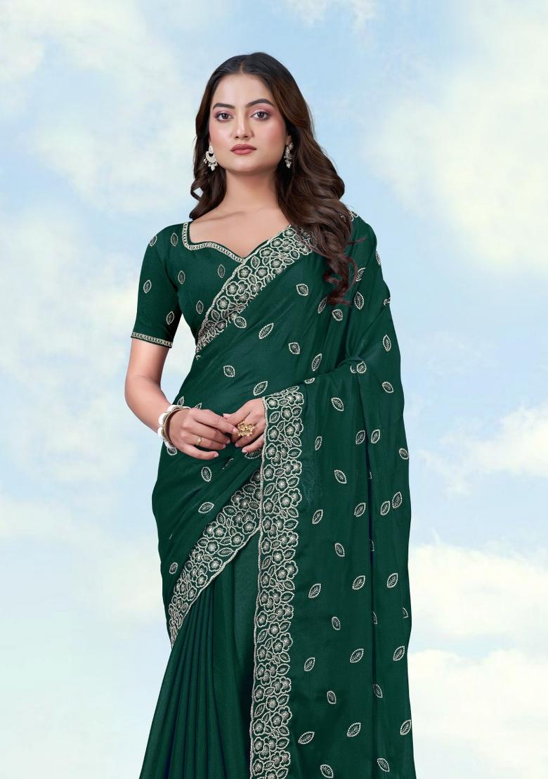 Green Embroidered Georgette Saree Set - Indya