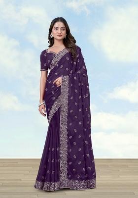 Purple Embroidered Georgette Saree Set