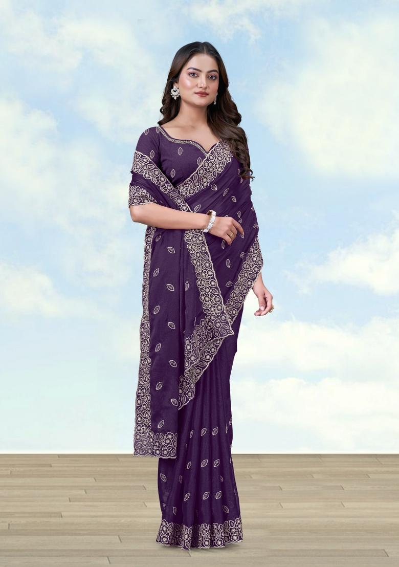 Purple Embroidered Georgette Saree Set - Indya