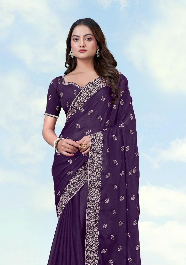 Purple Embroidered Georgette Saree Set - Indya