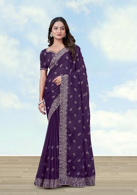 Purple Embroidered Georgette Saree Set