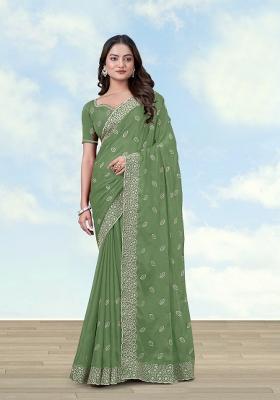 Light Green Embroidered Georgette Saree Set