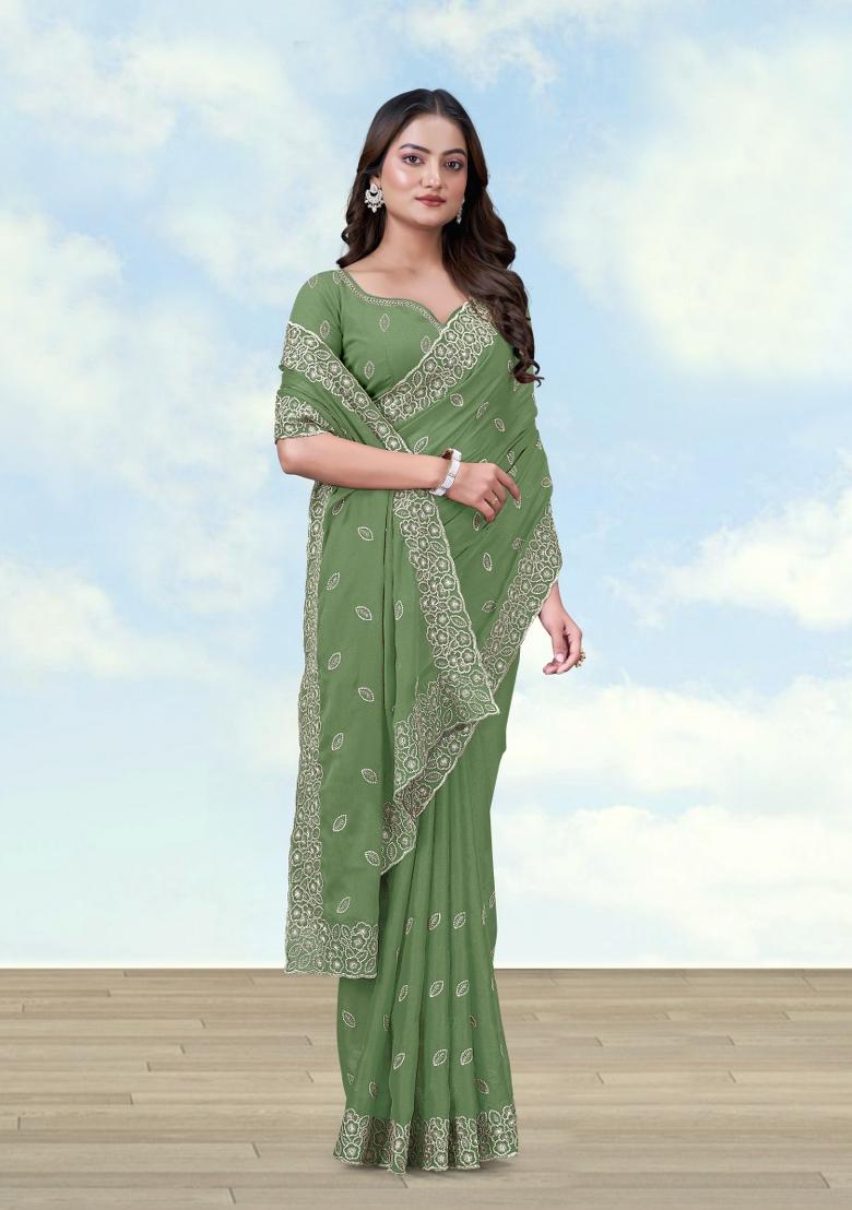 Light Green Embroidered Georgette Saree Set - Indya