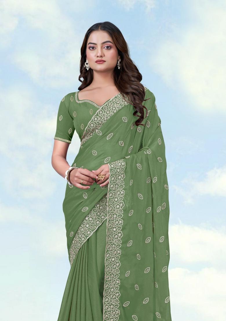 Light Green Embroidered Georgette Saree Set - Indya