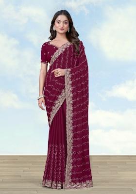 Wine Embroidered Georgette Saree Set