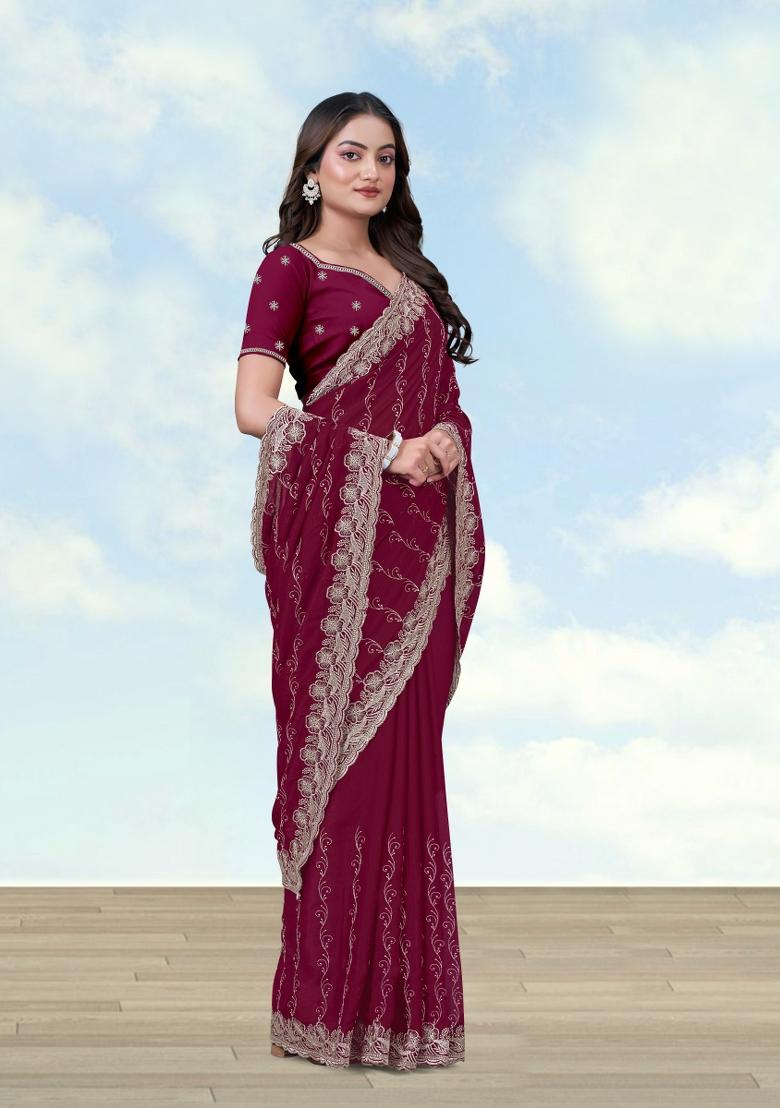 Wine Embroidered Georgette Saree Set - Indya