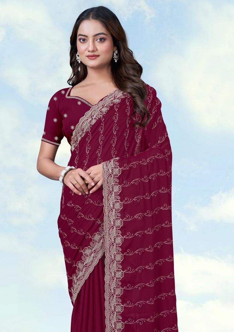 Wine Embroidered Georgette Saree Set - Indya