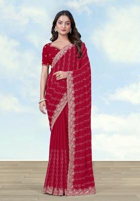 Rani Pink Embroidered Georgette Saree Set