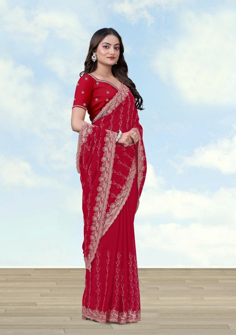 Rani Pink Embroidered Georgette Saree Set - Indya