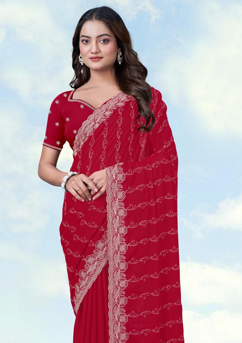 Rani Pink Embroidered Georgette Saree Set - Indya