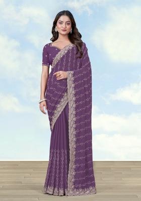 Lavender Embroidered Georgette Saree Set