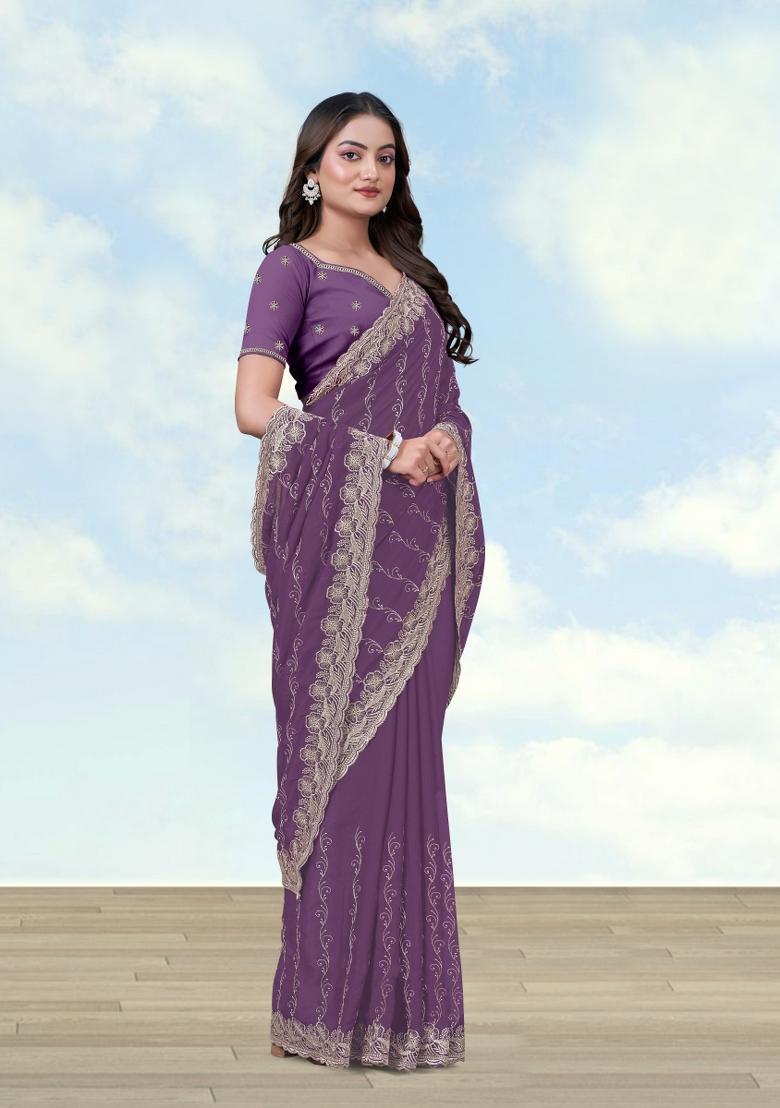 Lavender Embroidered Georgette Saree Set - Indya