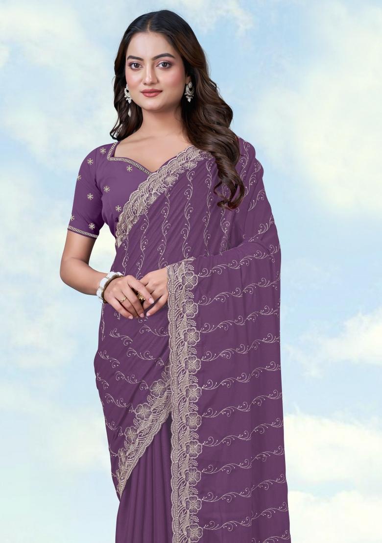 Lavender Embroidered Georgette Saree Set - Indya