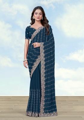 Turquoise Embroidered Georgette Saree Set