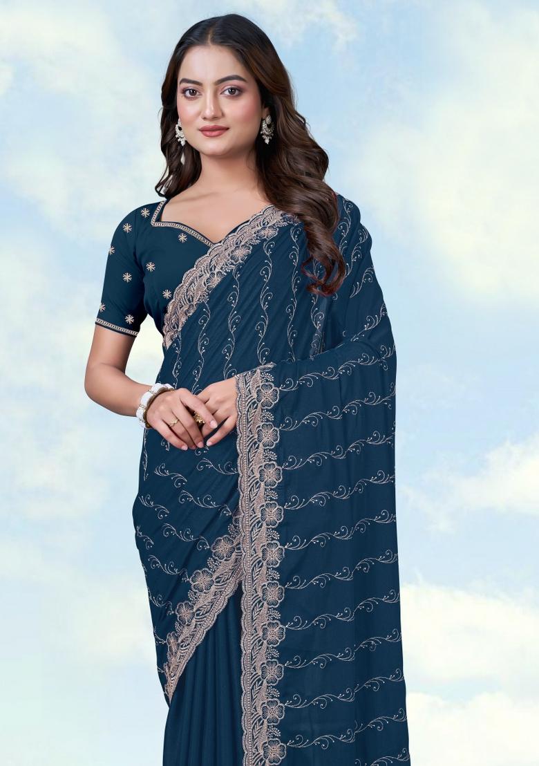 Turquoise Embroidered Georgette Saree Set - Indya