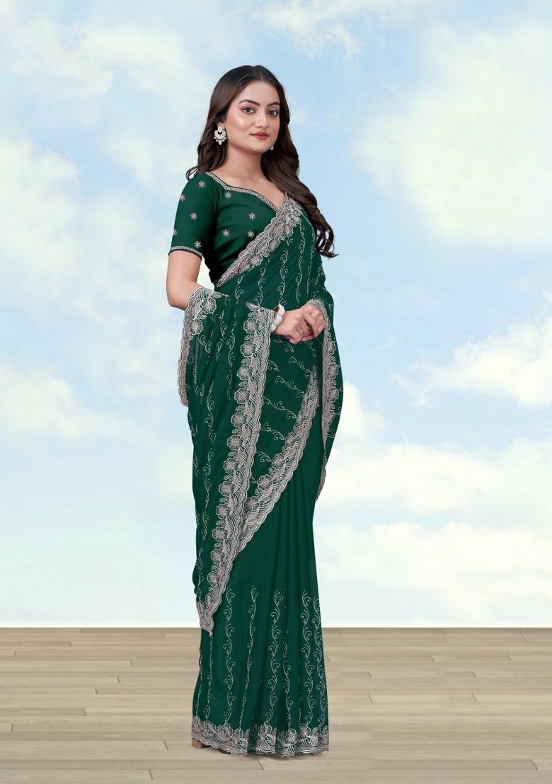 Green Embroidered Georgette Saree Set - Indya