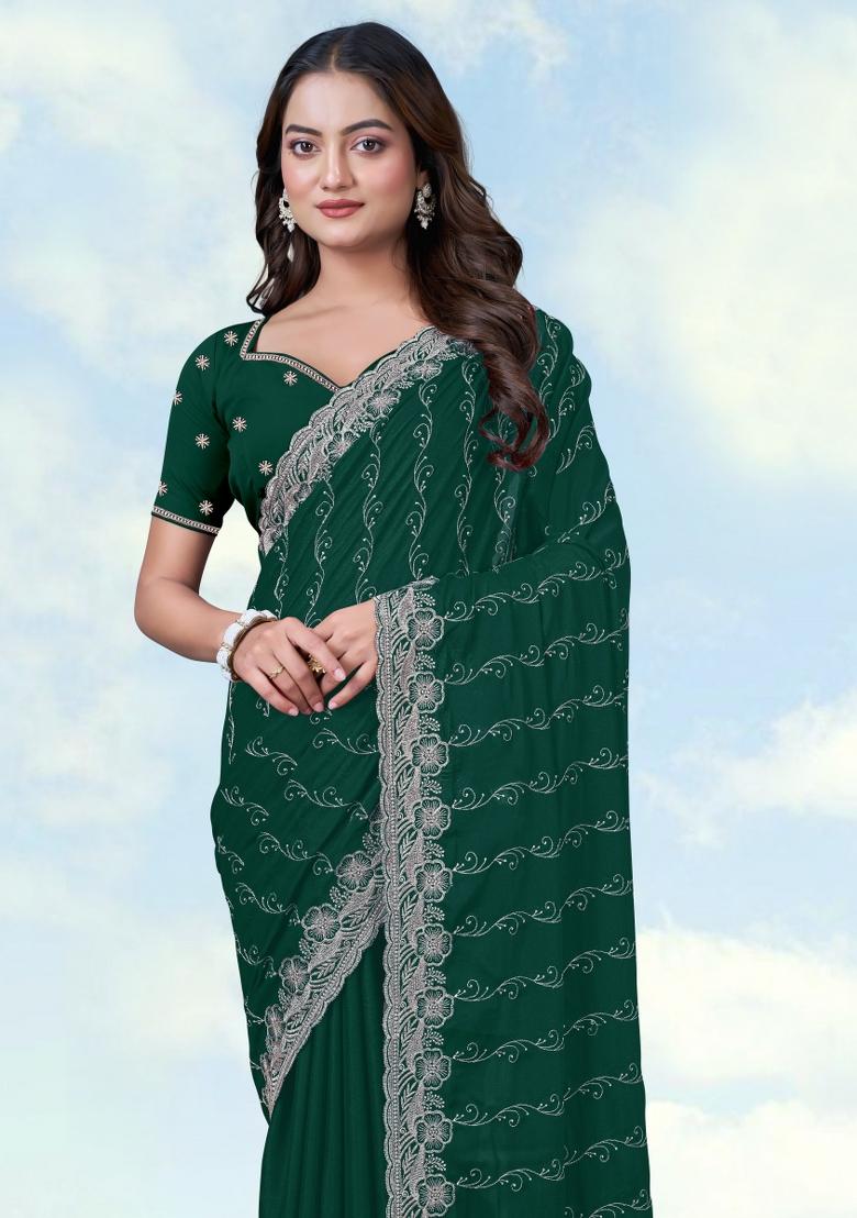 Green Embroidered Georgette Saree Set - Indya