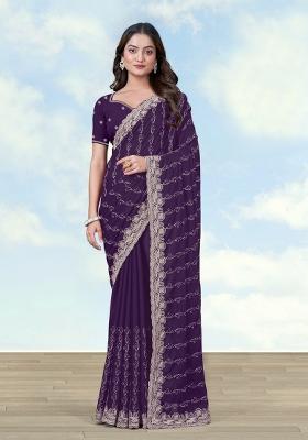 Purple Embroidered Georgette Saree Set