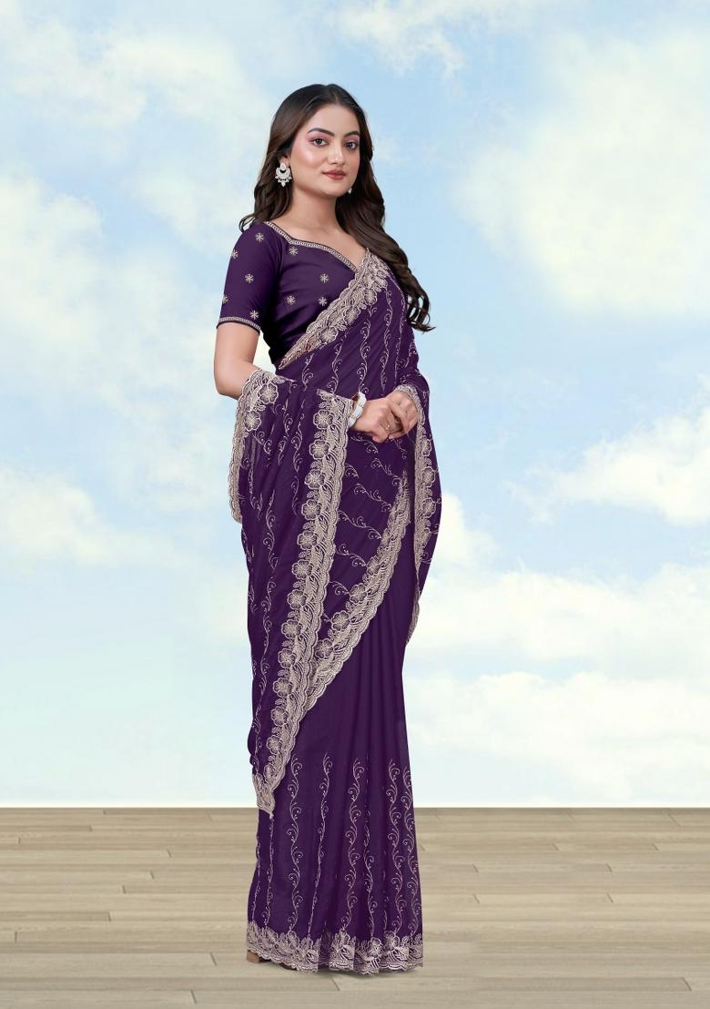Purple Embroidered Georgette Saree Set - Indya
