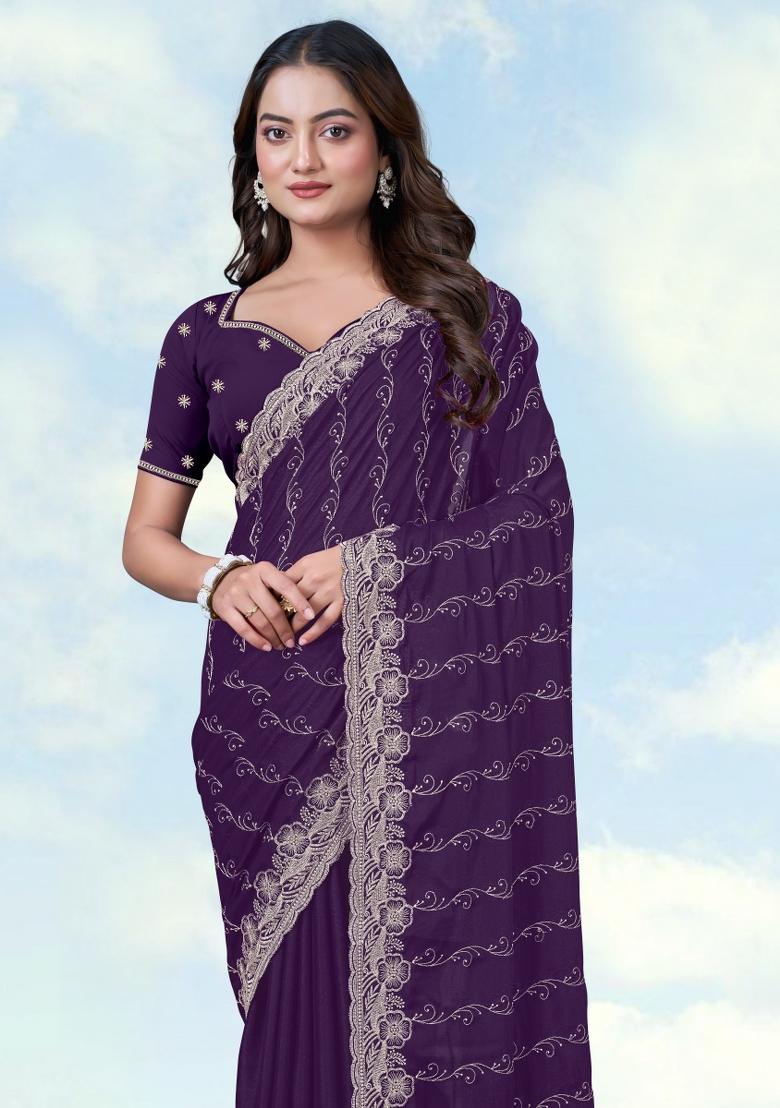 Purple Embroidered Georgette Saree Set - Indya