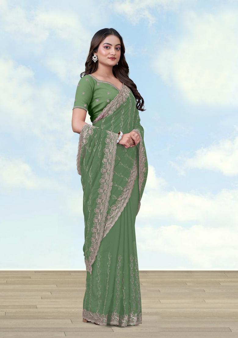 Light Green Embroidered Georgette Saree Set - Indya