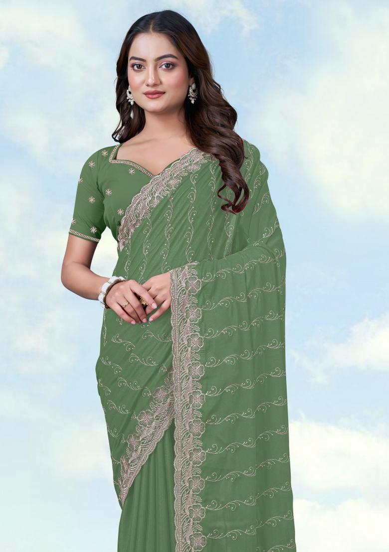 Light Green Embroidered Georgette Saree Set - Indya