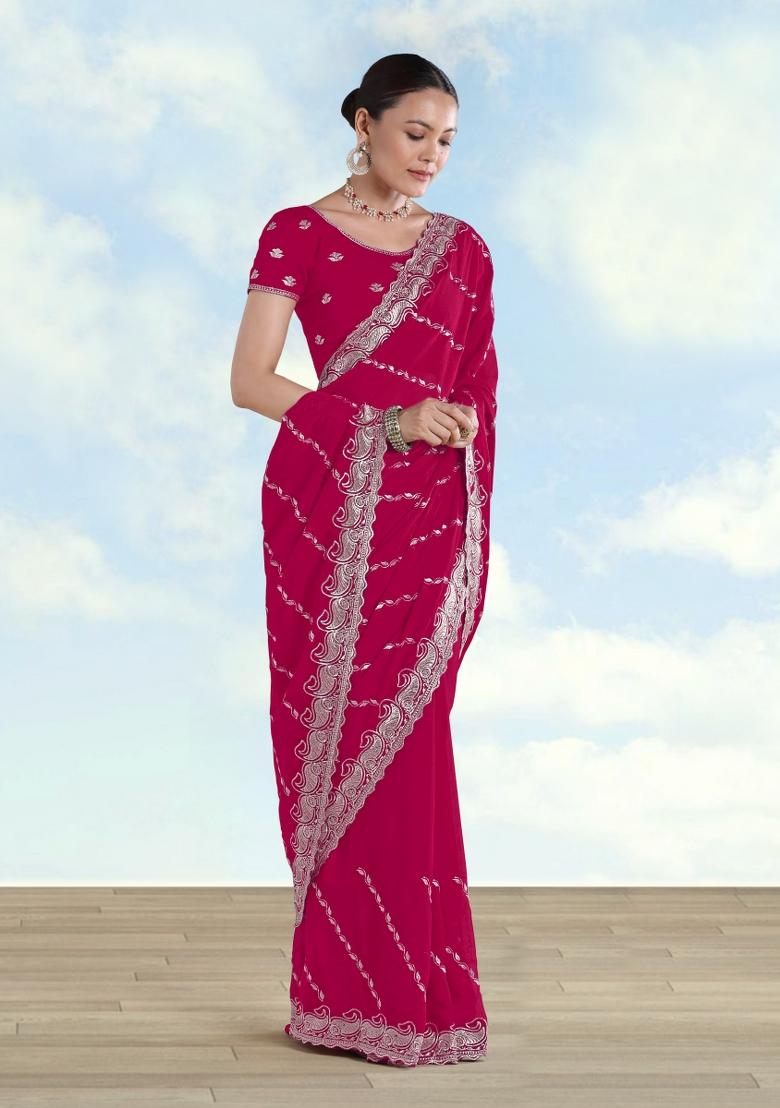 Pink Embroidered Georgette Saree Set - Indya