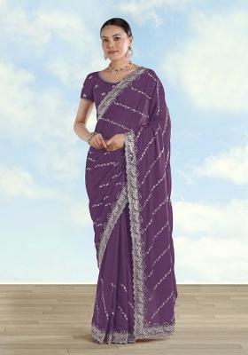 Lavender Embroidered Georgette Saree Set