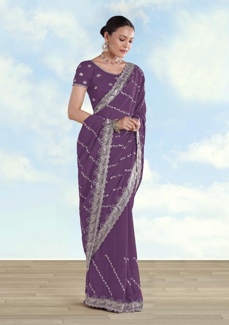 Lavender Embroidered Georgette Saree Set - Indya