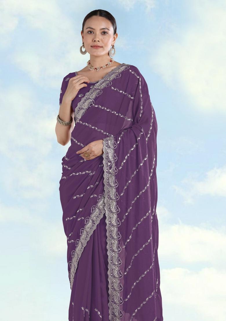 Lavender Embroidered Georgette Saree Set - Indya