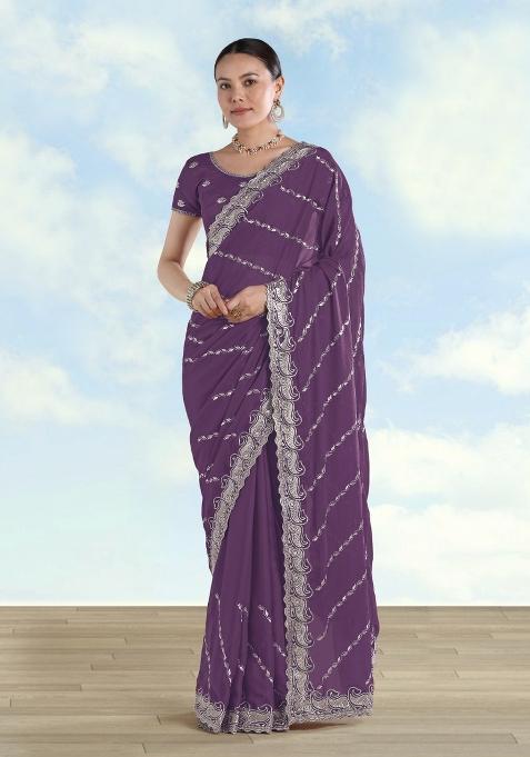Lavender Embroidered Georgette Saree Set