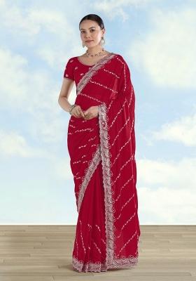 Rani Pink Embroidered Georgette Saree Set