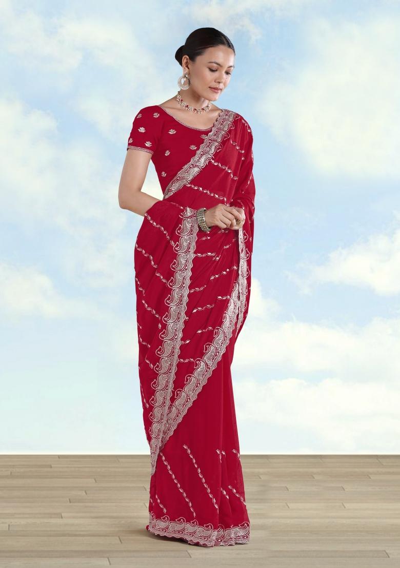 Rani Pink Embroidered Georgette Saree Set - Indya
