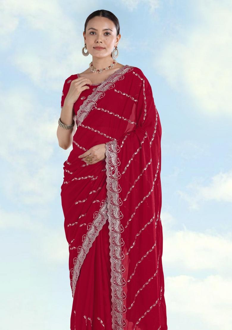 Rani Pink Embroidered Georgette Saree Set - Indya