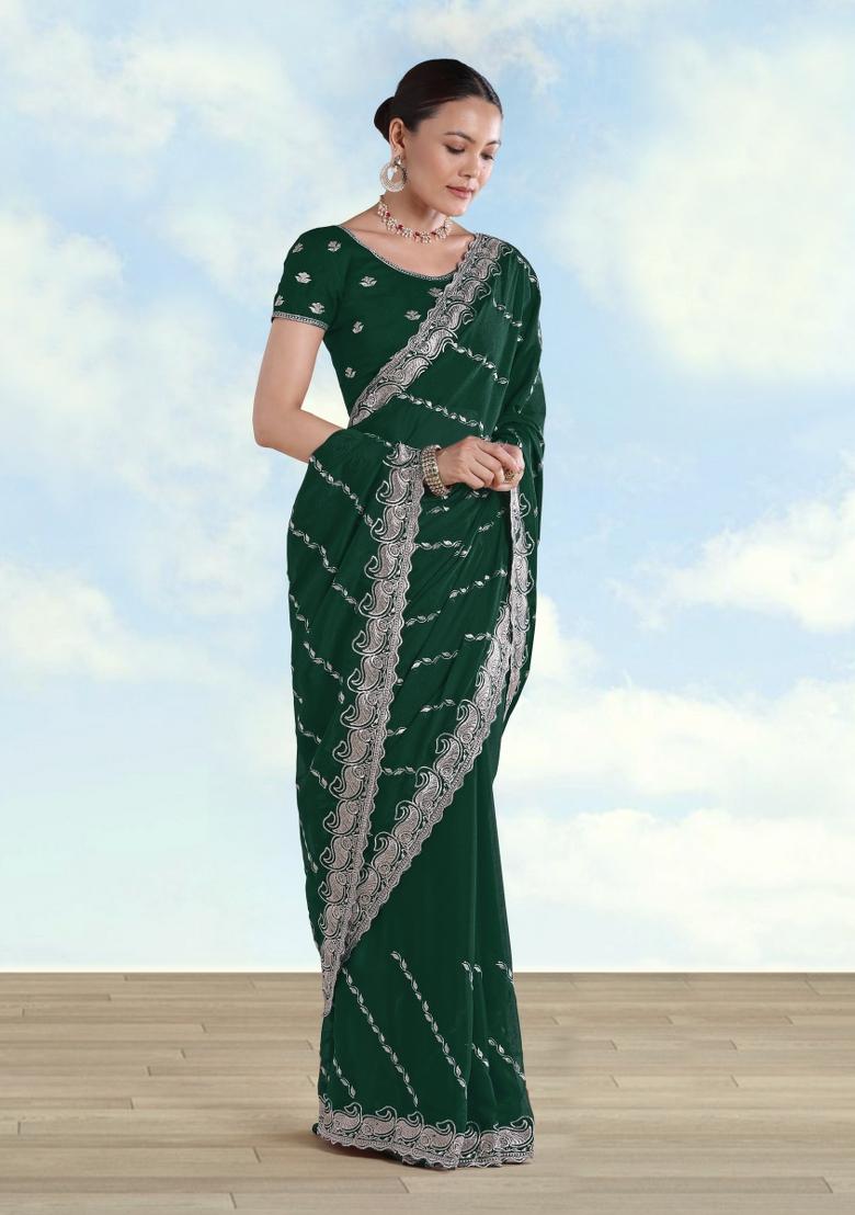 Green Embroidered Georgette Saree Set - Indya
