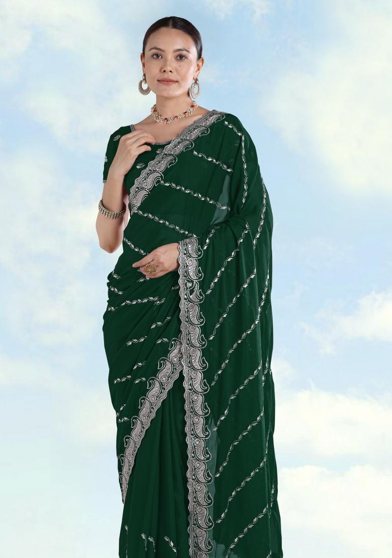 Green Embroidered Georgette Saree Set - Indya