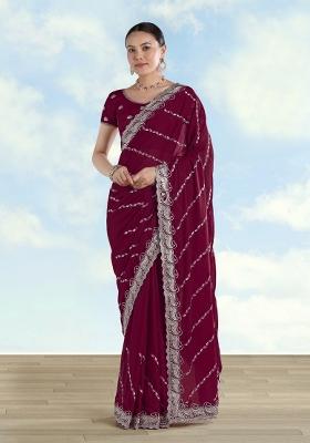 Wine Embroidered Georgette Saree Set