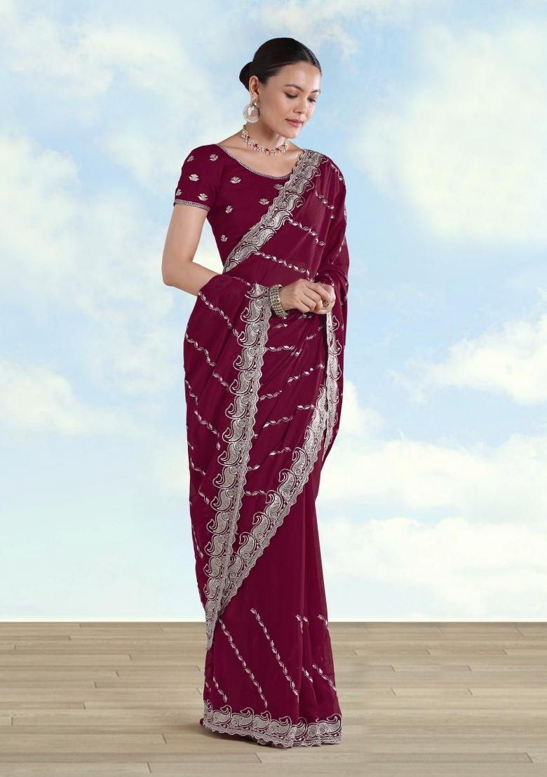 Wine Embroidered Georgette Saree Set - Indya