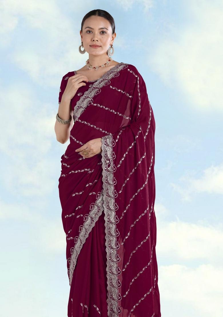 Wine Embroidered Georgette Saree Set - Indya