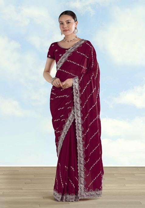 Wine Embroidered Georgette Saree Set