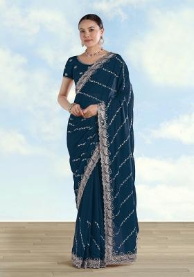 Turquoise Embroidered Georgette Saree Set