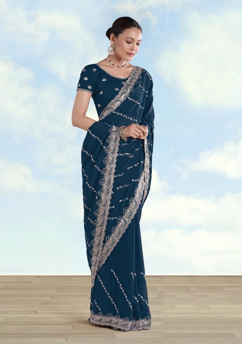 Turquoise Embroidered Georgette Saree Set - Indya