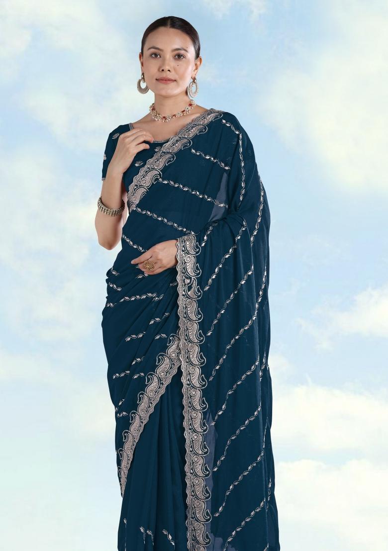 Turquoise Embroidered Georgette Saree Set - Indya