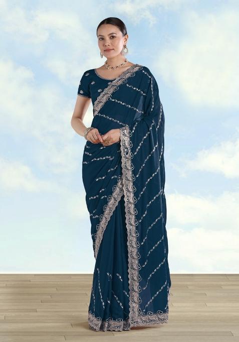 Turquoise Embroidered Georgette Saree Set